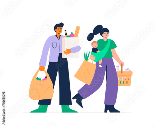 A young family with a shopping basket and packs filled with goods and daily supplies. Buying food in a grocery store. Vector flat illustration on a white background.