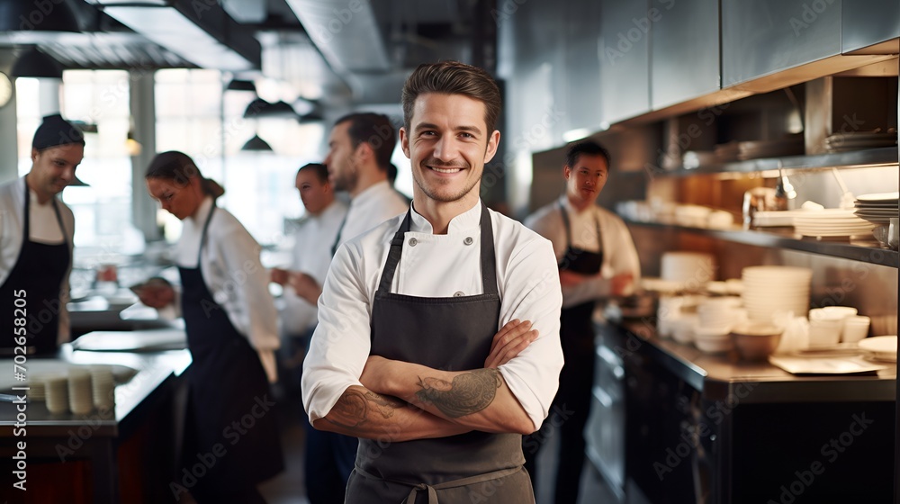 A chef presenting a dish in a restaurant setting , chef, presenting, dish, restaurant setting - obrazy, fototapety, plakaty 