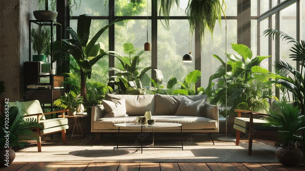 Interior of living room with green houseplants and sofas. AI Generative