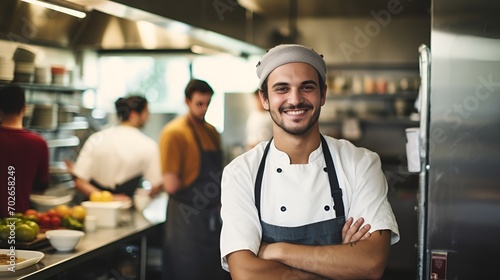 A chef presenting a dish in a restaurant setting , chef, presenting, dish, restaurant setting