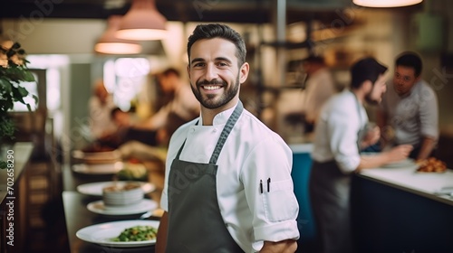 Fototapeta Naklejka Na Ścianę i Meble -  A chef presenting a dish in a restaurant setting , chef, presenting, dish, restaurant setting