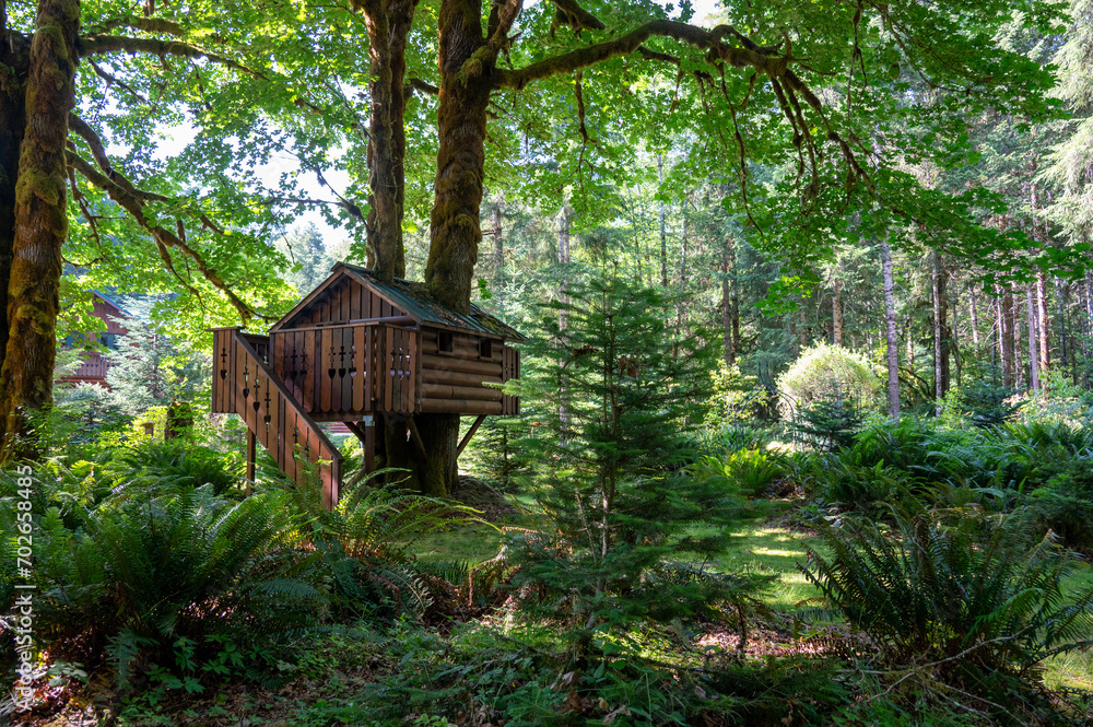Wooden tree house nestled in a lush forest Wooden tree house nestled in a lush forest