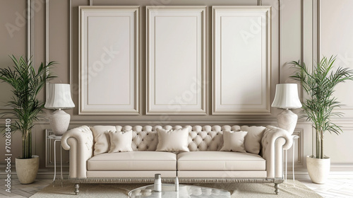 Living room interior in beige colors with three big whit frame. AI Generative
