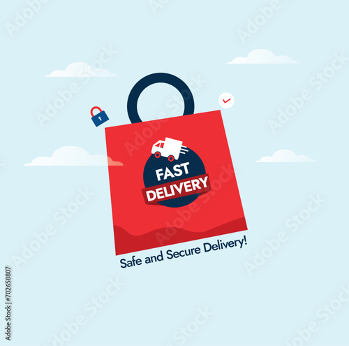 Fast delivery service concept banner, with a shopping bag flying for safe fast delivery. Safe and secure fast delivery service.  Shopping bag icon in red and dark blue colour.  Delivery icon, label