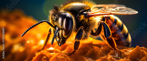 closeup of bees on honeycomb in apiary © katobonsai