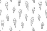 Seamless pattern of ice cream in a waffle cone and waffle cup. Great for summer dessert menu design, banner, sites, packaging. Hand drawn. Doodle style.