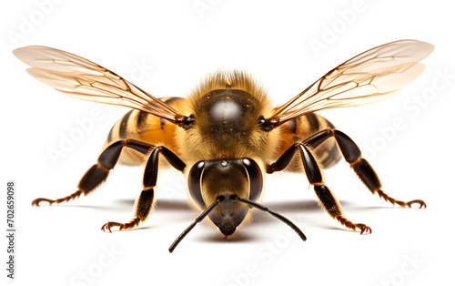 Tiny aviator. Exploring world of bees. Insect elegance. Macro view of honeybee. Nature pollinator. Bee on white background isolated © katobonsai