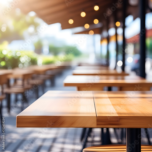 Wooden Table in a Cozy Cafe with Bokeh Lights and Dreamy Blurred Background 