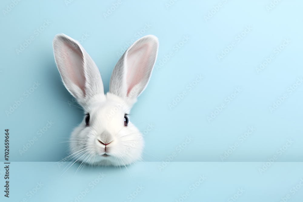Obraz premium Сute white baby rabbit on light blue background