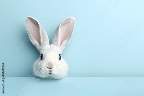 Сute white baby rabbit on light blue background © olyphotostories