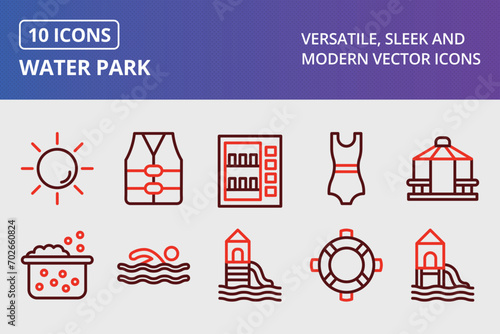 Water Park Thick Line Two Colors Icons Set