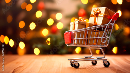 Christmas holiday background. shopping cart full of Christmas decorations, toys and balls on table close up. AI generated