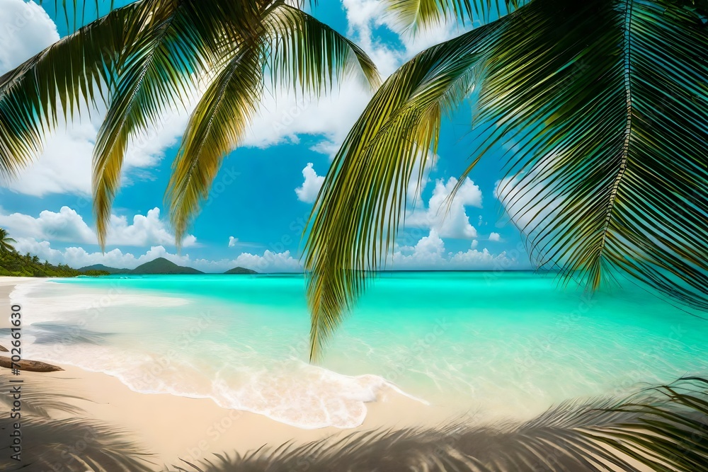 Coconut palm leaves hanging over the sandy beach. Tropical island paradise. Bright turquoise ocean water. Sandy shore washing by the wave. Dreams summer vacations destination. Blurred background.