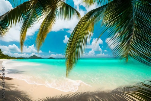 Coconut palm leaves hanging over the sandy beach. Tropical island paradise. Bright turquoise ocean water. Sandy shore washing by the wave. Dreams summer vacations destination. Blurred background.