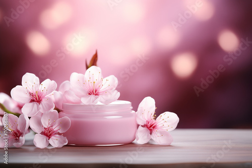 Sakura blossoms and beauty cream on wooden table. Design for natural beauty products. Image Mother's Day, for spa service, cosmetic products, beauty salon. Banner with space for text.