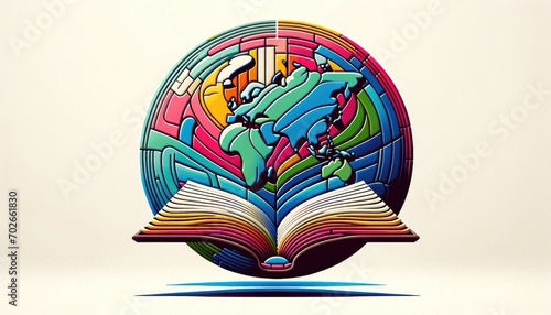 Religious global mission: Spreading the word. Illustration of an open bible or book with a colorful map of the world. photo