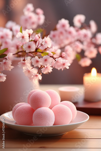 Pink dessert with cherry blossoms. Image for a Valentine's Day for a lifestyle magazine of luxury sweets, banner or invintation with space for text.