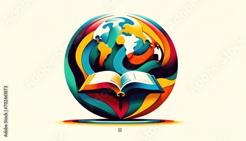 Religious global mission: Spreading the word. Illustration of an open bible or book with a colorful map of the world. photo