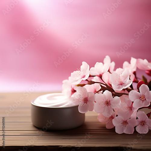 Sakura blossoms and beauty cream on wooden table. Design for natural beauty products. Image Mother's Day, for spa service, cosmetic products, beauty salon. Banner with space for text.