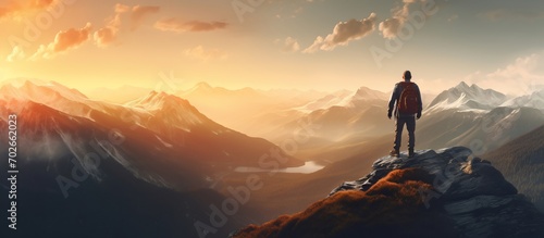 Man on Top of a Mountain Overlooking a Valley at Sunset