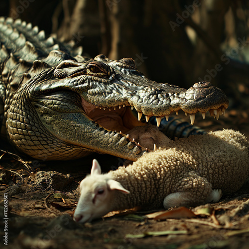 The crocodile wants to eat the little lamb