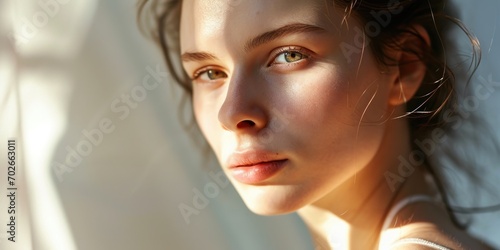 Beautiful woman in her clean skin skin care moist skin blue eyes open looking straight