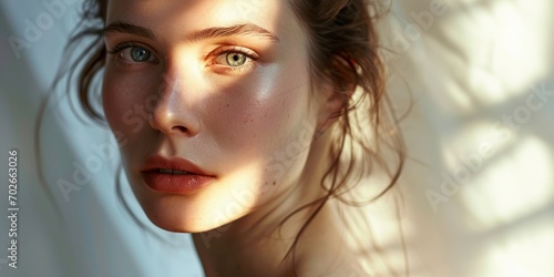 Beautiful woman in her clean skin skin care moist skin blue eyes open looking straight photo