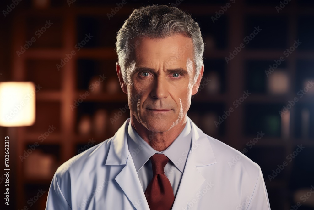 Confident Doctor's Serious Portrait in Medical Office Background Confident Doctor's Serious Portrait in Medical Office Background