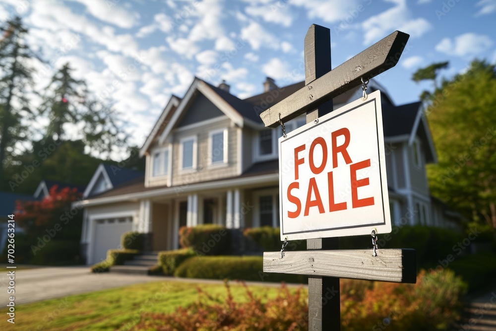 House for sale sign in front of a modern home House for sale sign in front of a modern home