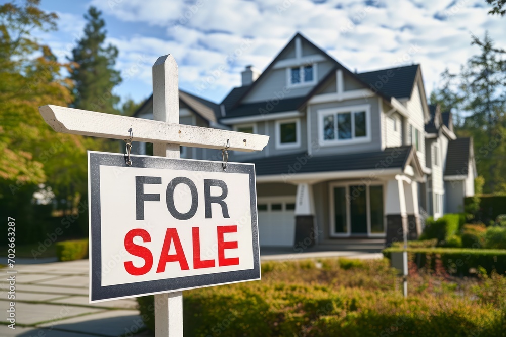 House for sale sign in front of a modern home House for sale sign in front of a modern home