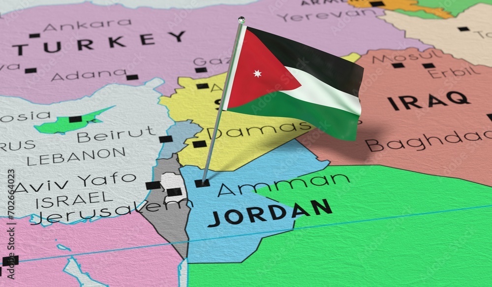 Naklejka premium Jordan, Amman - national flag pinned on political map - 3D illustration