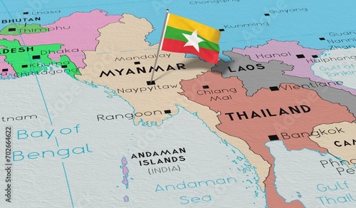 Canvas Print Myanmar (Burma), Naypyitaw - national flag pinned on political map - 3D illustra