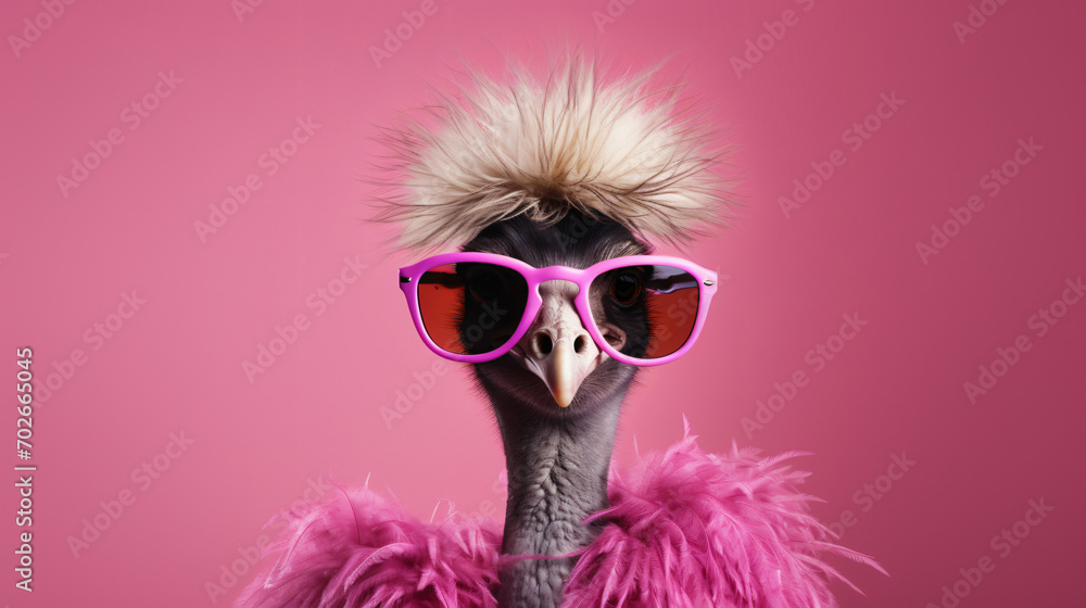 Creative animal concept. Ostrich bird in glam fashion