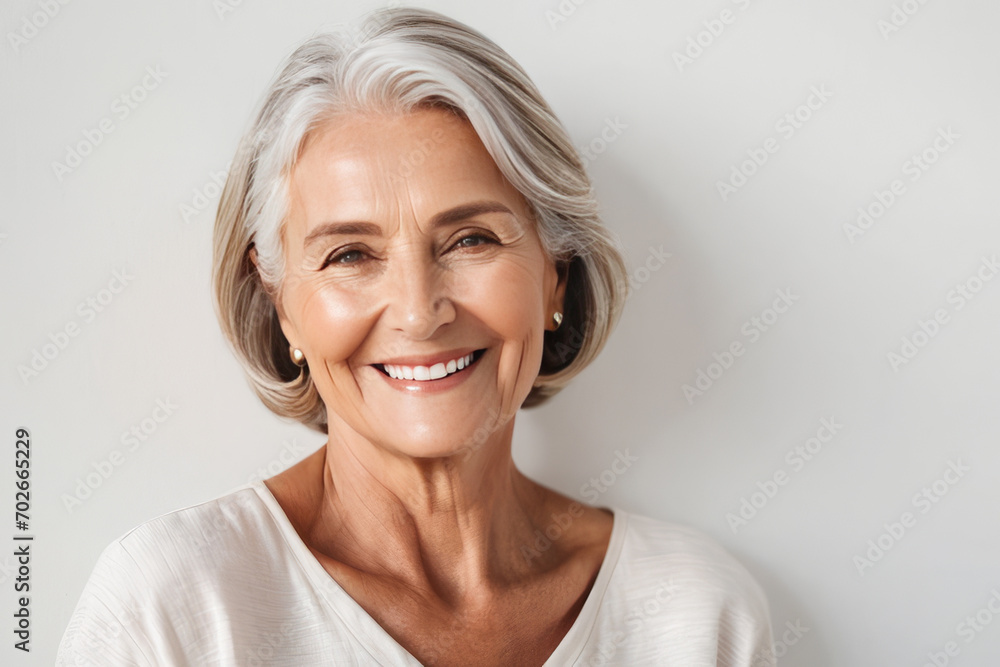 Portrait of beautiful older woman smiling and standing by white wall. A place for text, a banner for advertising. - obrazy, fototapety, plakaty 