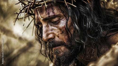 Jesus Christ Portrait with crown of thorns photo