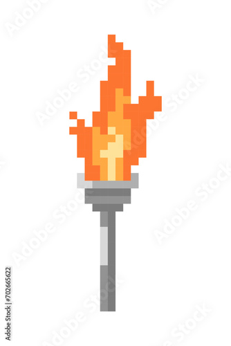 Torch pixel art. Video game torch icon.