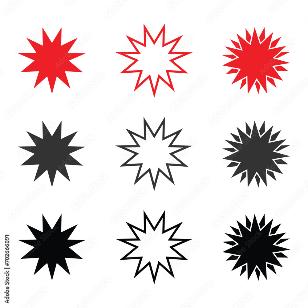Juego de calcomanas rojas de starburst insignias de la explosin del sol etiquetas de precio de o - obrazy, fototapety, plakaty 