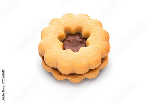 Christmas Linzer cookie Austrian or German biscuit with shortcrust pastry and jam filling isolated on white background