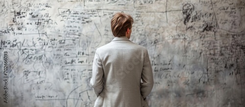 Businessman sketching on wall from behind.