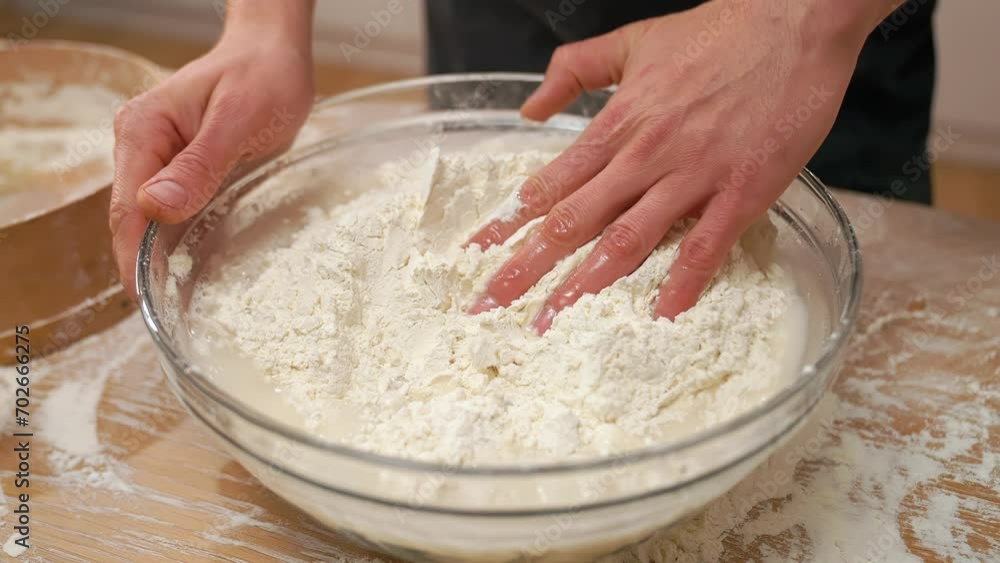 A cook in the kitchen sifts flour through a sieve. Kneading raw dough with male hands. Breaks an egg. White flour. A cook in the kitchen sifts flour through a sieve. Kneading raw dough with male hands. Breaks an egg. White flour.