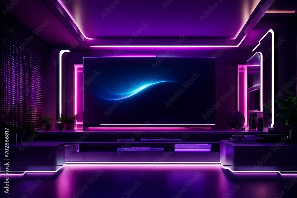 A futuristic living room design with a blank frame above a floating entertainment unit, showcasing sleek furniture and high-tech accents. A futuristic living room design with a blank frame above a floating entertainment unit, showcasing sleek furniture and high-tech accents.