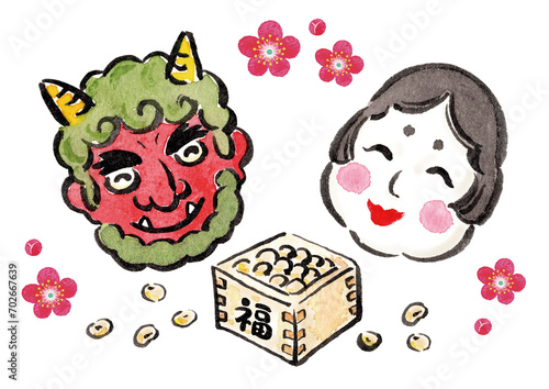 節分　鬼　お多福　水彩　手描き　イラスト