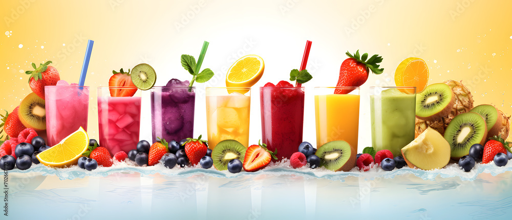 Set of fruit and vegetable and berries juice on sea beach background.