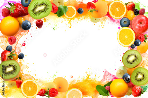 frame made of different fruits and berries, isolated on white background, healthy food concept