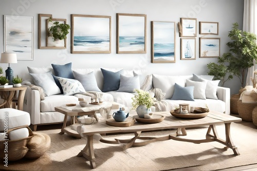 A coastal-themed living space with a blank frame, enhancing a light-colored sofa, wooden coffee table, and nautical decor elements. © NUSRAT ART