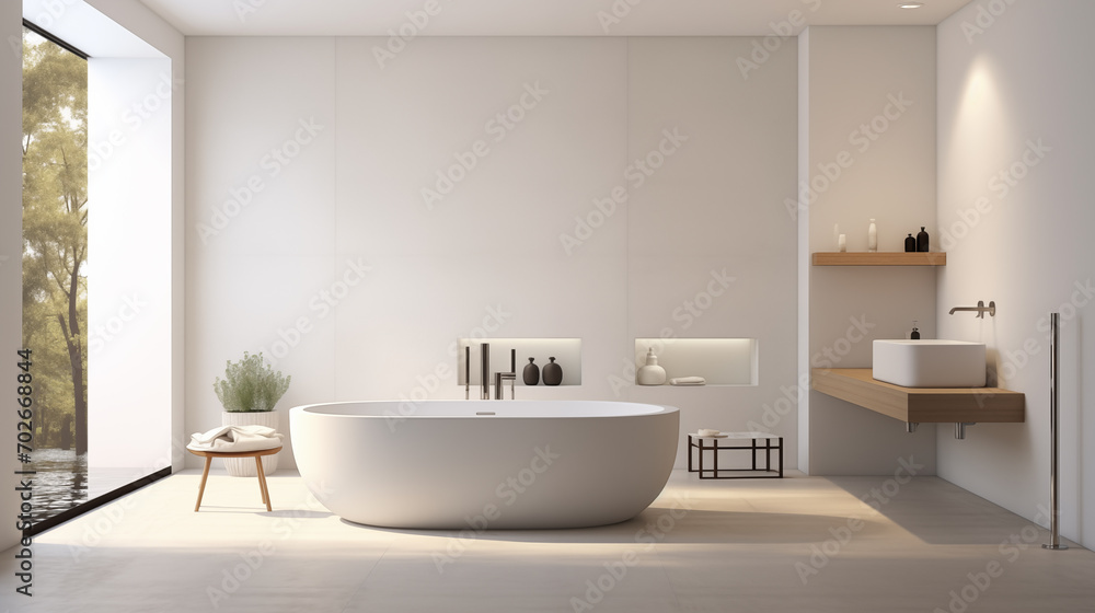 Fototapeta premium a minimalist bathroom with an oval freestanding tub, a floating wooden vanity with a rectangular basin, Luxury beauty, cosmetic, skincare, body care, product background 3D