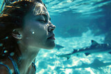 close up view of a beautiful girl in swimsuit swimming under water in the ocean with shark