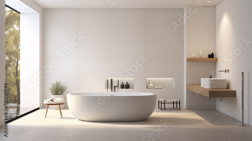 a minimalist bathroom with an oval freestanding tub  a floating wooden vanity with a rectangular basin  Luxury beauty  cosmetic  skincare  body care  product background 3D