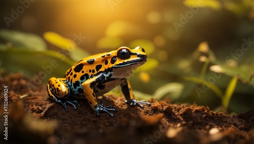 AI generated illustration of a beautiful, vibrant yellow and black spotted poison dart frog