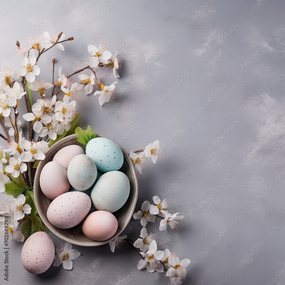 Primavera: Uova di Pasqua Scintillanti Tra Boccioli di Ciliegio su un Sfondo Grigio. Un Simbolo di Rinascita e Gioia, la Perfetta Celebrazione Pasquale Tra Natura Fiorita e Tradizioni Culi Primavera: Uova di Pasqua Scintillanti Tra Boccioli di Ciliegio su un Sfondo Grigio. Un Simbolo di Rinascita e Gioia, la Perfetta Celebrazione Pasquale Tra Natura Fiorita e Tradizioni Culi